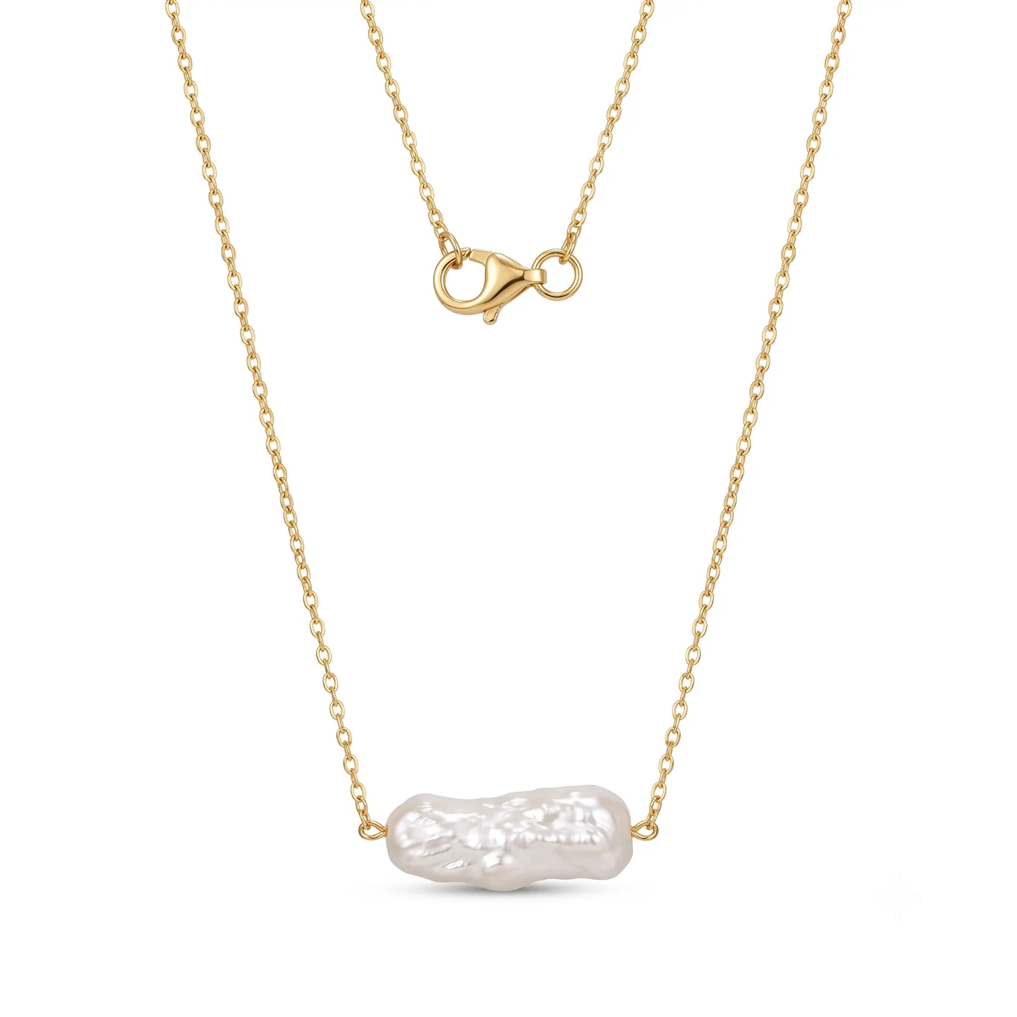 18K Solid Gold Biwa Baroque Pearl Station Necklace