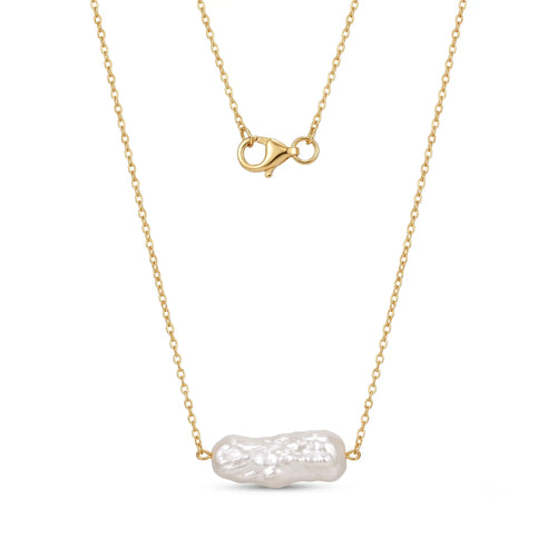 18K solid gold Biwa pearl station necklace featuring unique elongated flat pearls with a sculptural organic shape and luminous luster.