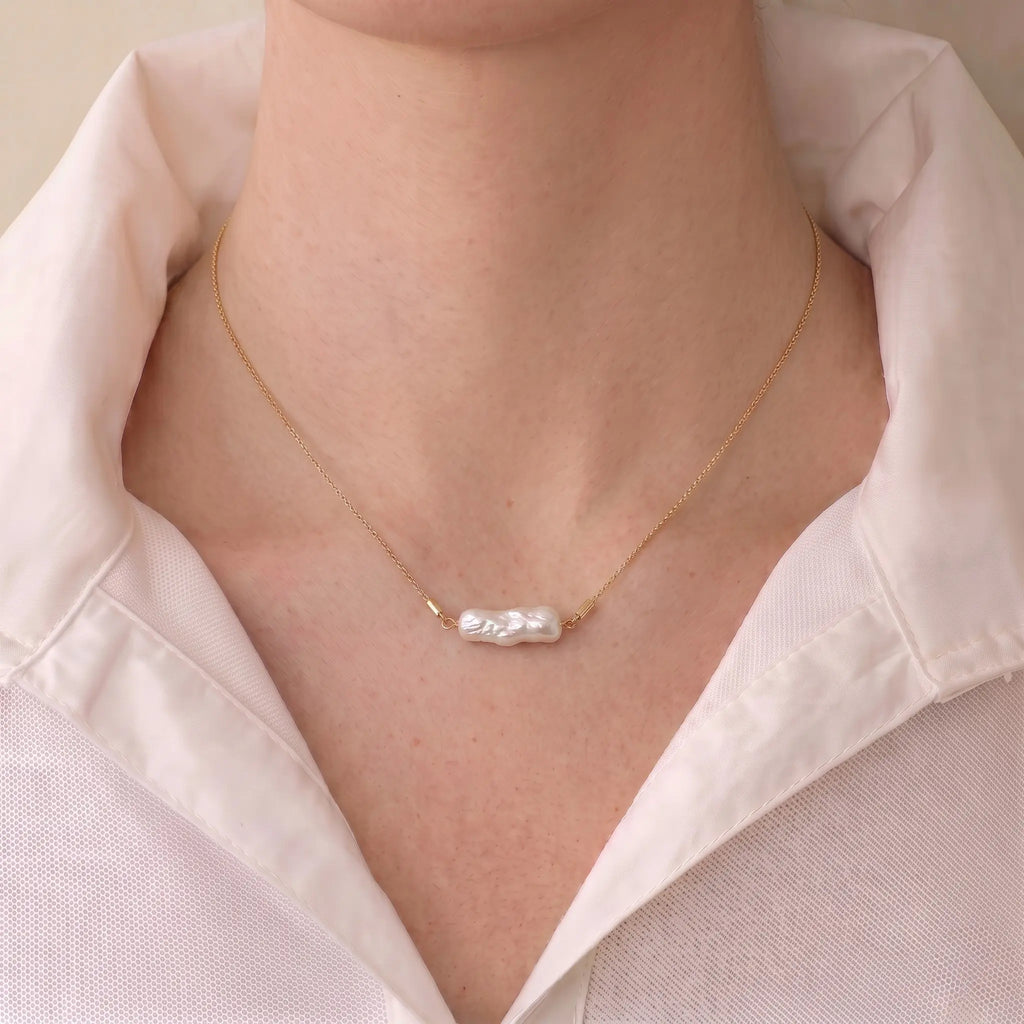 18K Solid Gold Biwa Baroque Pearl Station Necklace