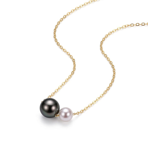 18K Gold Tahitian Black & Akoya White Pearl Necklace, Mixed Sea Pearl Jewelry