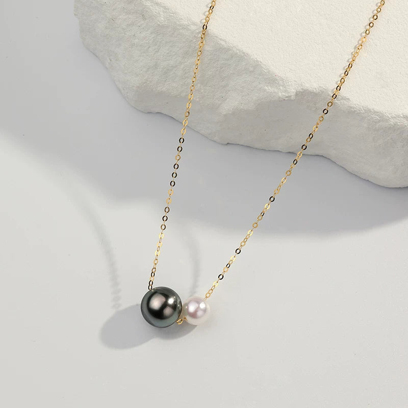 18K Gold Tahitian Black & Akoya White Pearl Necklace, Mixed Sea Pearl Jewelry