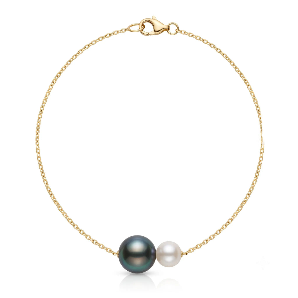 18K Solid Gold Tahitian & Akoya Pearl Pendant Necklace for Women, Real Black & White Sea Pearl, Unique Anniversary Gift