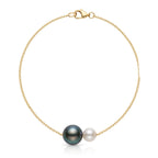 18K Solid Gold Tahitian & Akoya Pearl Pendant Necklace for Women, Real Black & White Sea Pearl, Unique Anniversary Gift