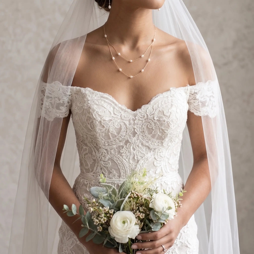 18K Solid Gold Double Layer Natural Rice Pearl Necklace for Wedding