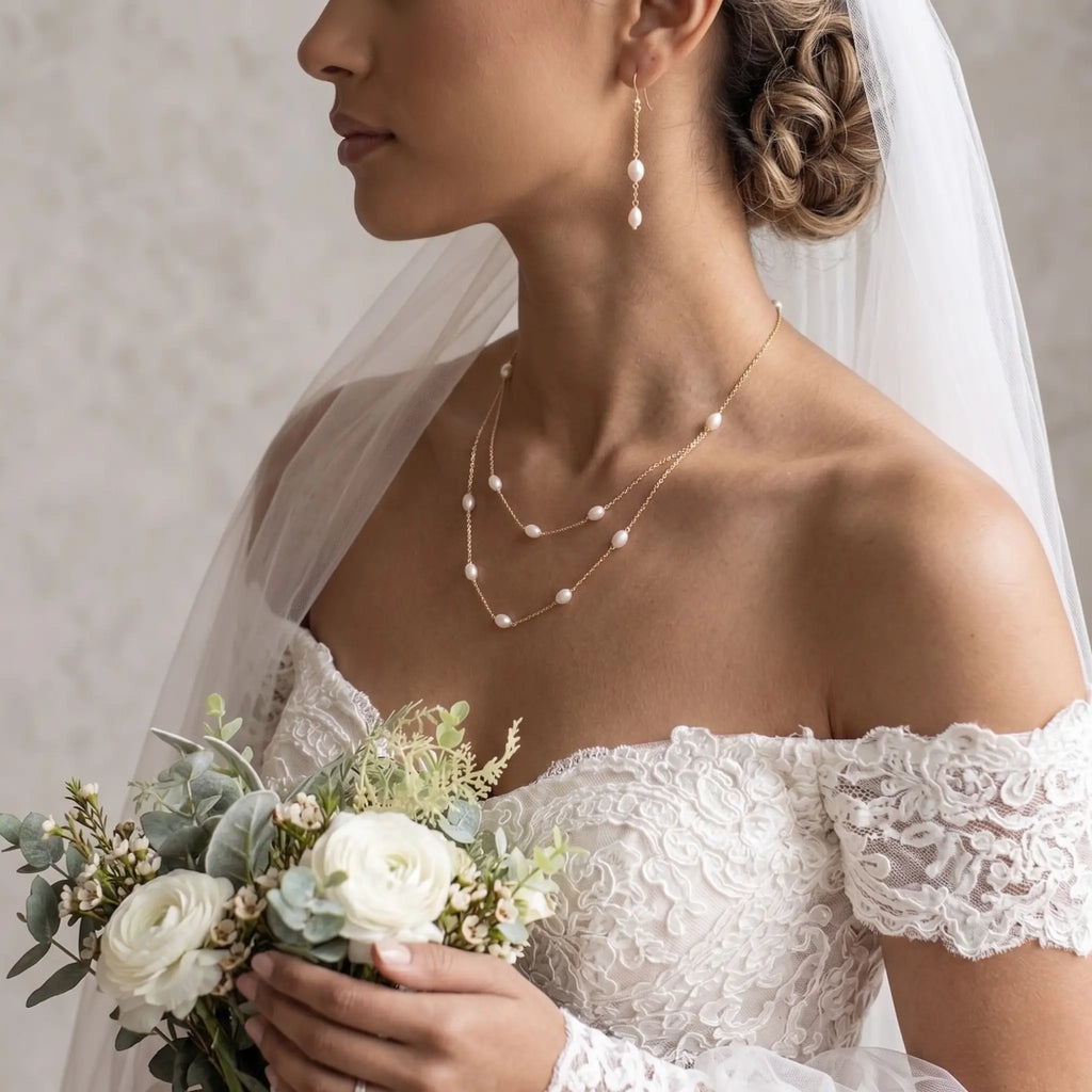 18K Solid Gold Double Layer Natural Rice Pearl Necklace for Wedding