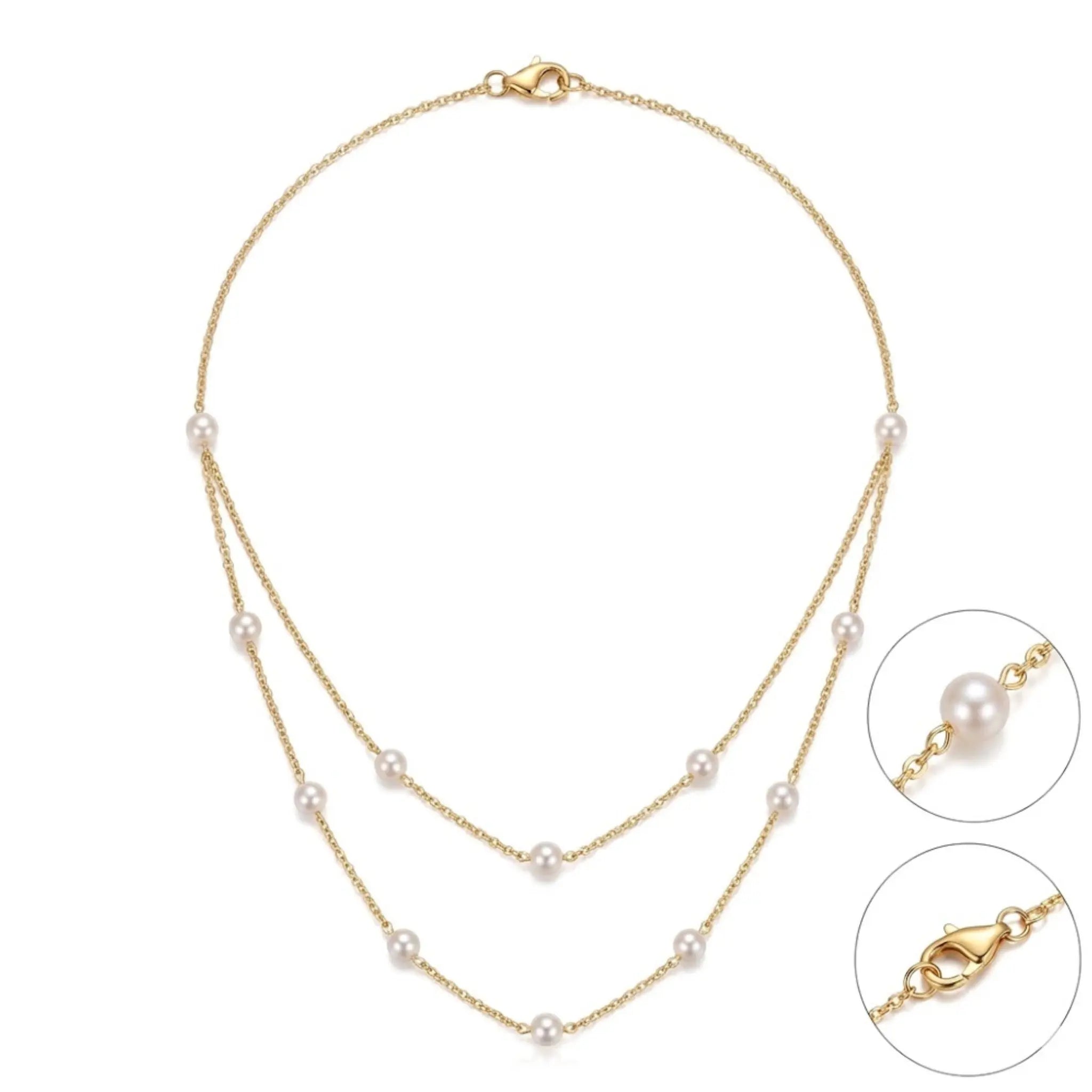 18K Solid Gold Double Layer Natural Rice Pearl Necklace for Wedding