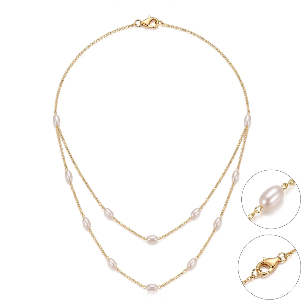 18K Solid Gold Double Layer Rice Pearl Necklace with 5-6mm Freshwater Pearls for Women