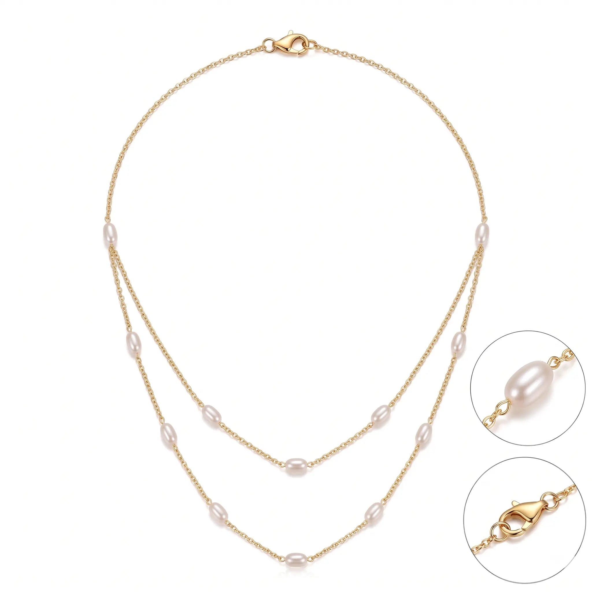 18K Solid Gold Double Layer Rice Pearl Necklace with 5-6mm Freshwater Pearls for Women