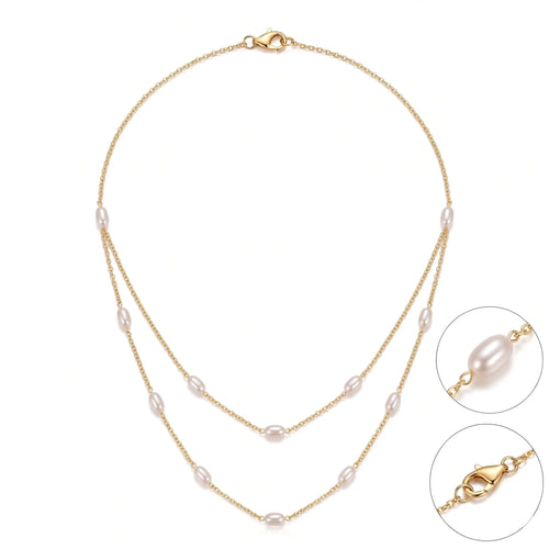 18K Solid Gold Double Layer Rice Pearl Necklace with 5-6mm Freshwater Pearls for Women
