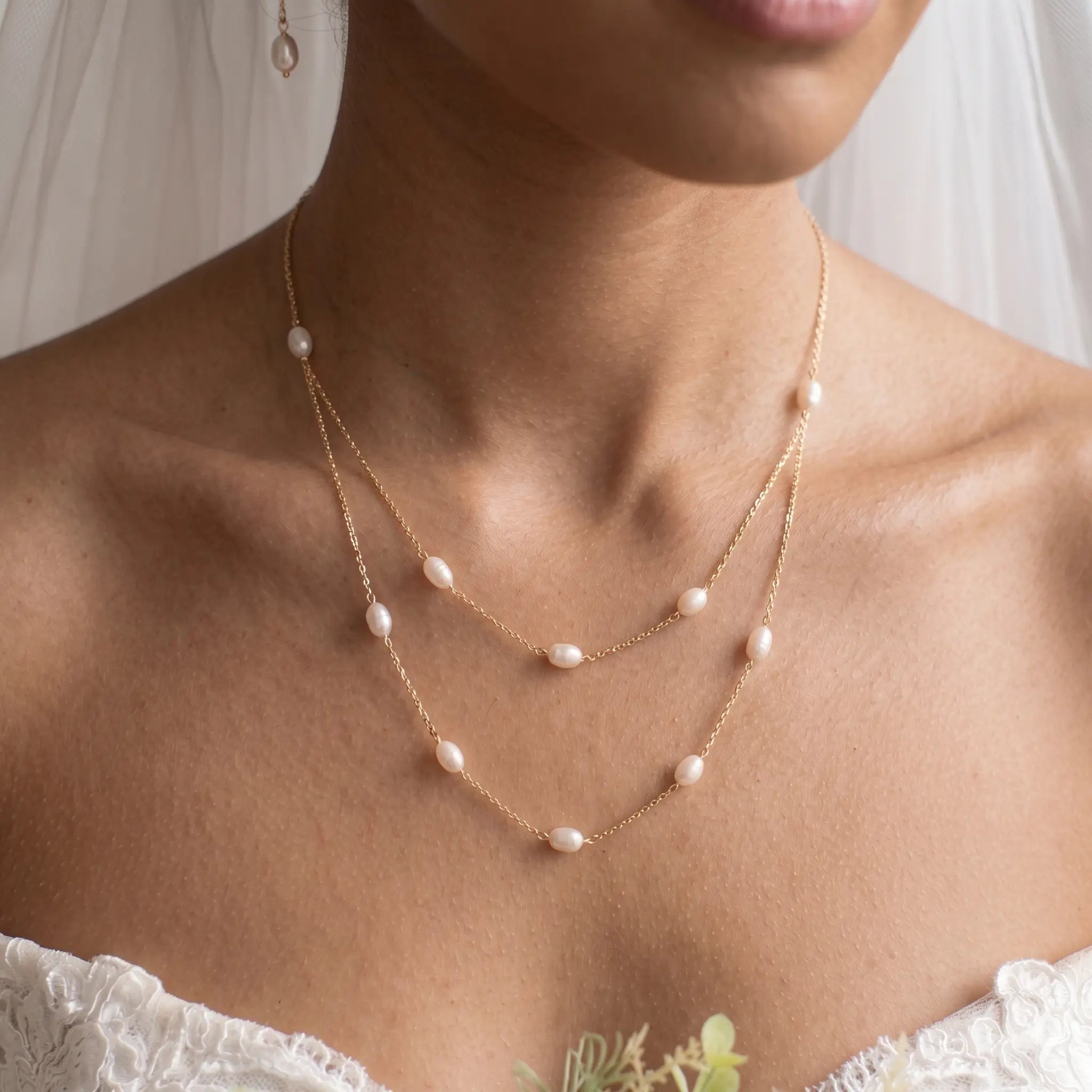 18K Solid Gold Double Layer Natural Rice Pearl Necklace for Wedding