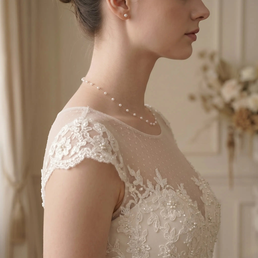 18K Gold Floating Mini Pearl Bridal Choker - Minimalist Invisible Chain Illusion Wedding Necklace for Brides