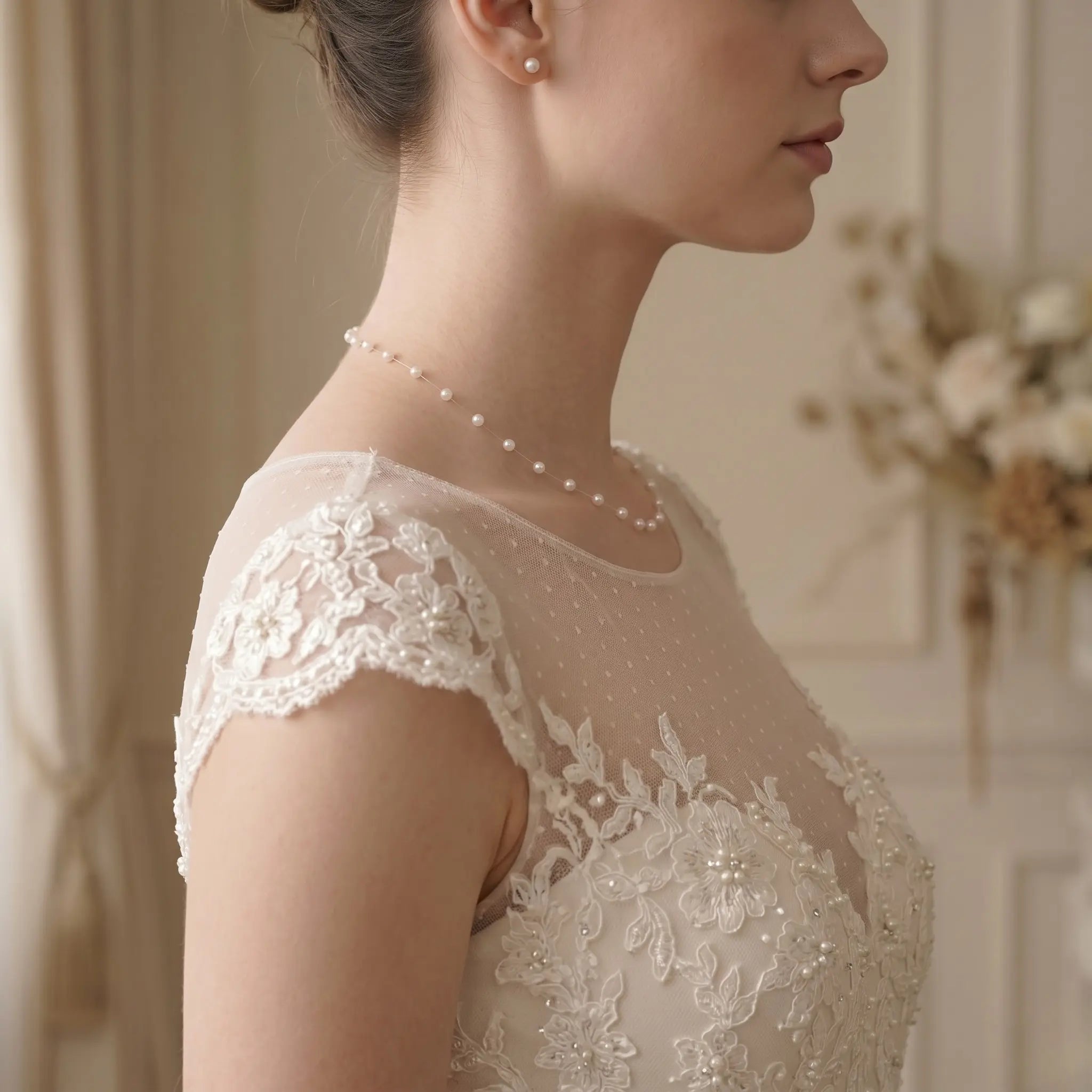18K Gold Floating Mini Pearl Bridal Choker - Minimalist Invisible Chain Illusion Wedding Necklace for Brides