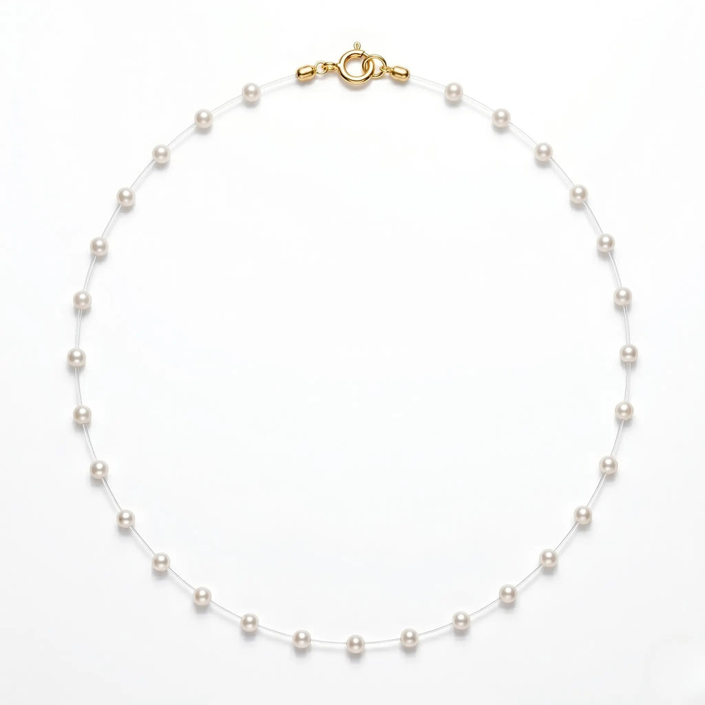 18K Gold Floating Mini Pearl Bridal Choker - Minimalist Invisible Chain Illusion Wedding Necklace for Brides