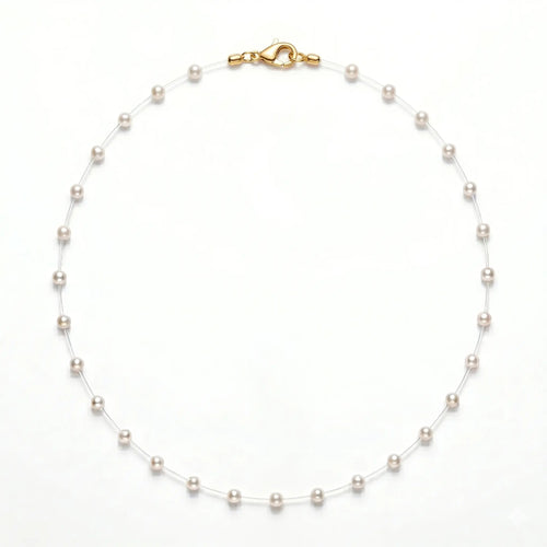 18K Gold Floating Mini Pearl Bridal Choker - Minimalist Invisible Chain Illusion Wedding Necklace for Brides