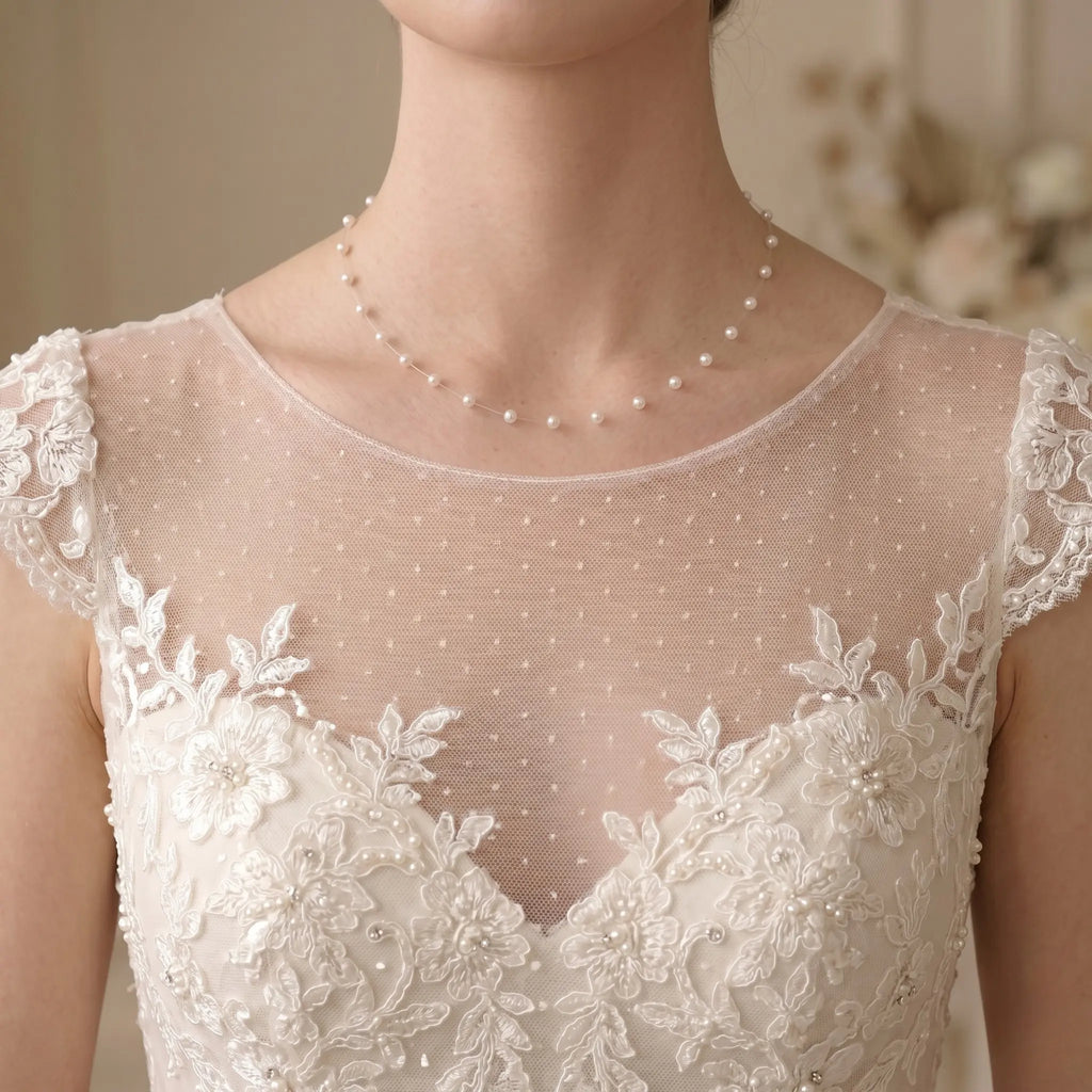 18K Gold Floating Mini Pearl Bridal Choker - Minimalist Invisible Chain Illusion Wedding Necklace for Brides