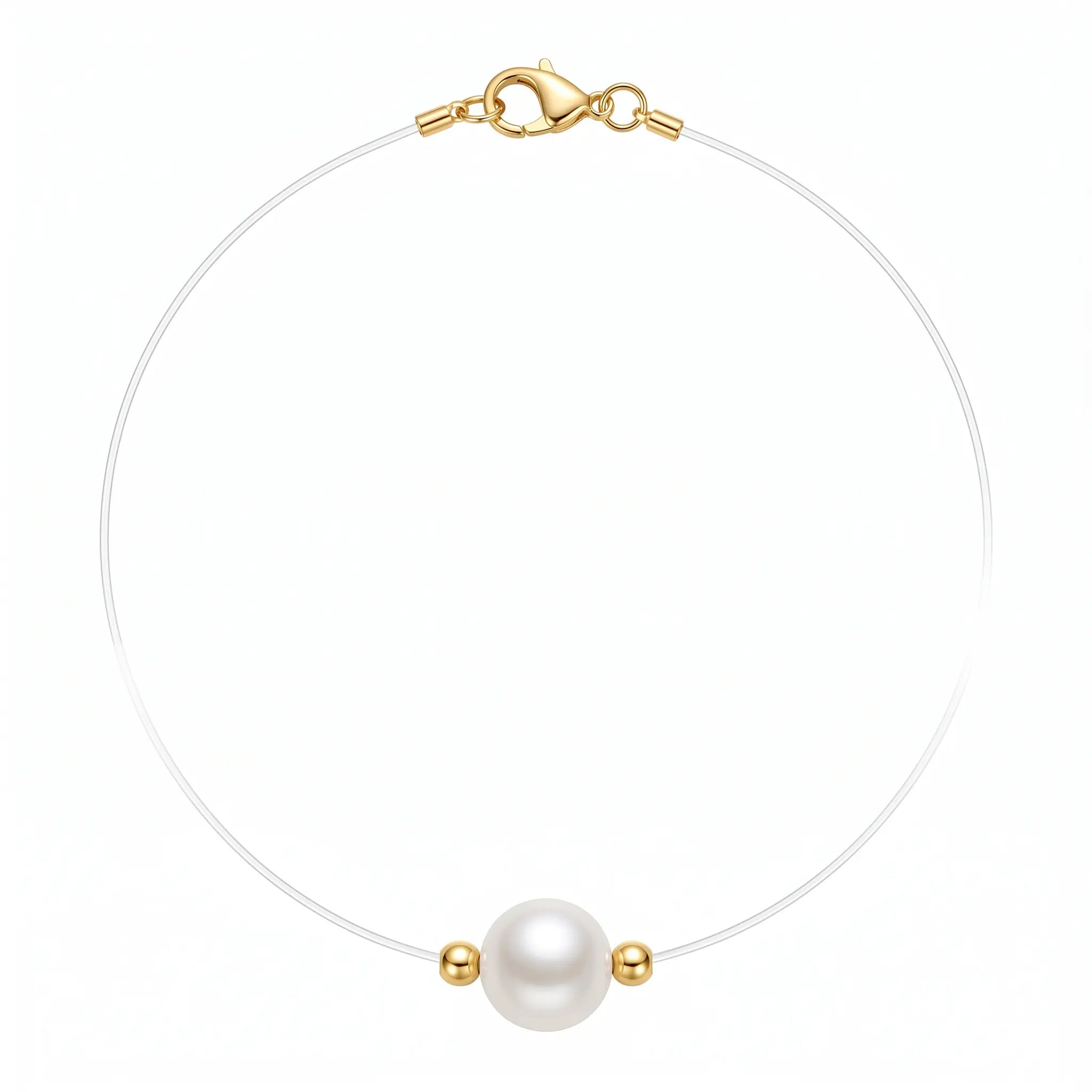 9-9.5mm 18K Solid Gold Floating Invisible Illusion Chain Pearl Necklace with Gold Beads