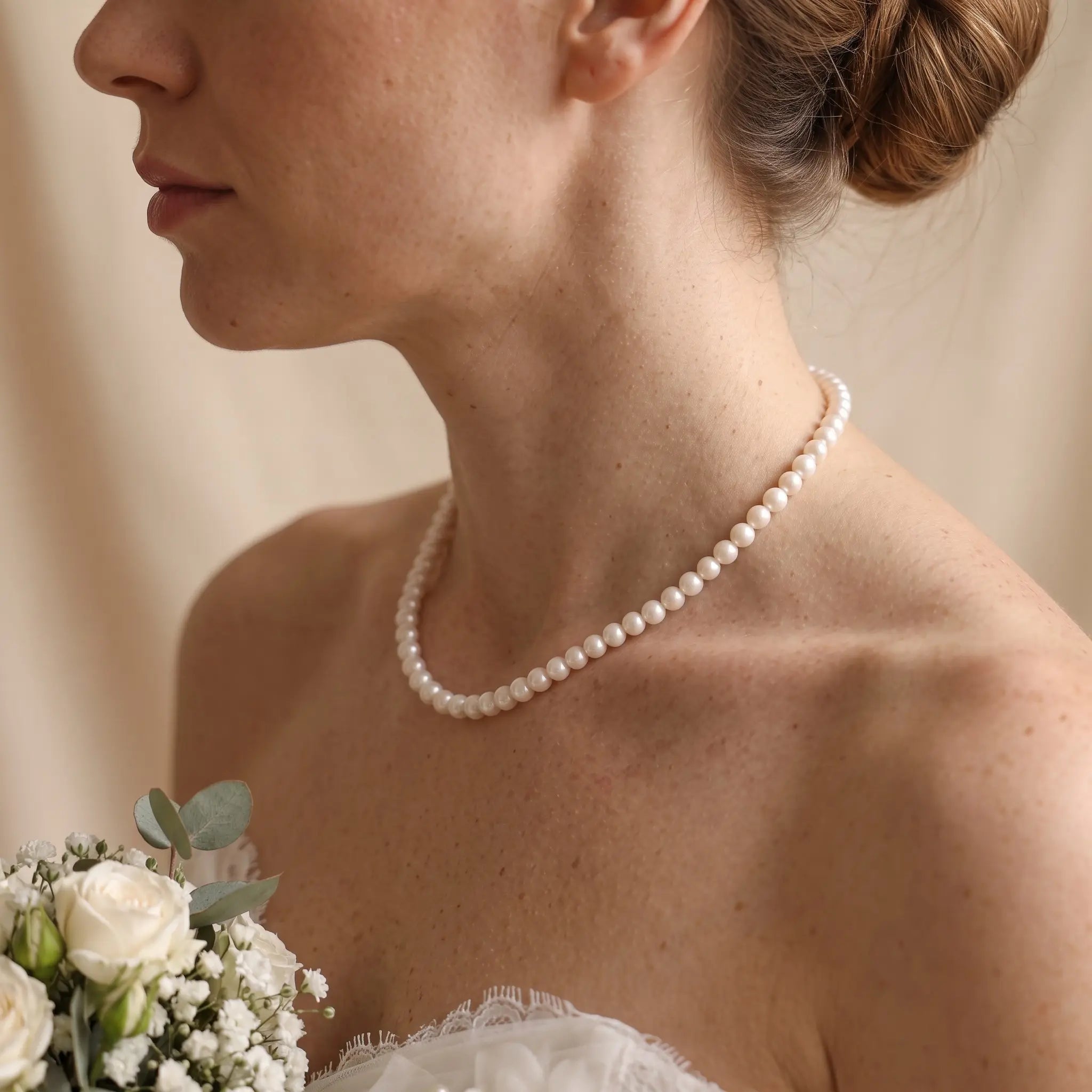 7-7.5mm 18K Gold Pearl Necklace Cultured Freshwater Pearl Choker for Bride Wedding
