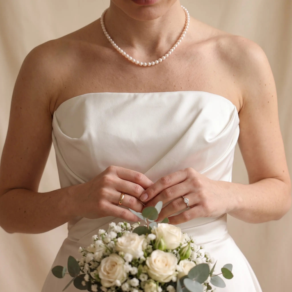7-7.5mm 18K Gold Pearl Necklace Cultured Freshwater Pearl Choker for Bride Wedding