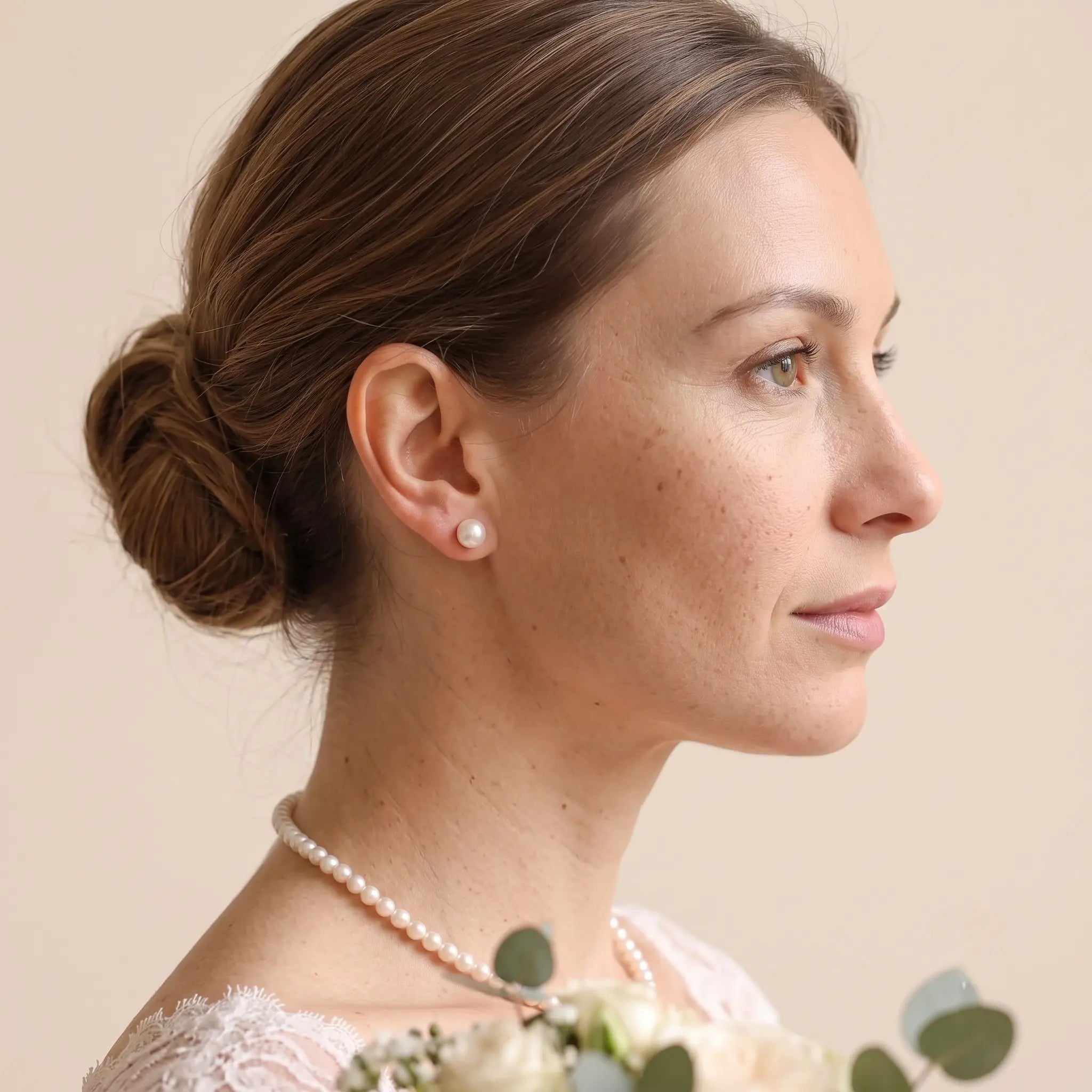 18K Solid Gold Classic Pearl Jewelry Set | 7-7.5mm Pearl Necklace & 7-7.5mm Freshwater Studs