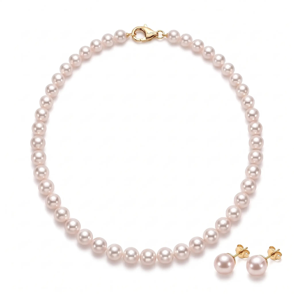 18K Solid Gold Pearl Jewelry Set with 7-7.5mm Freshwater Pearl Necklace & Stud Earrings