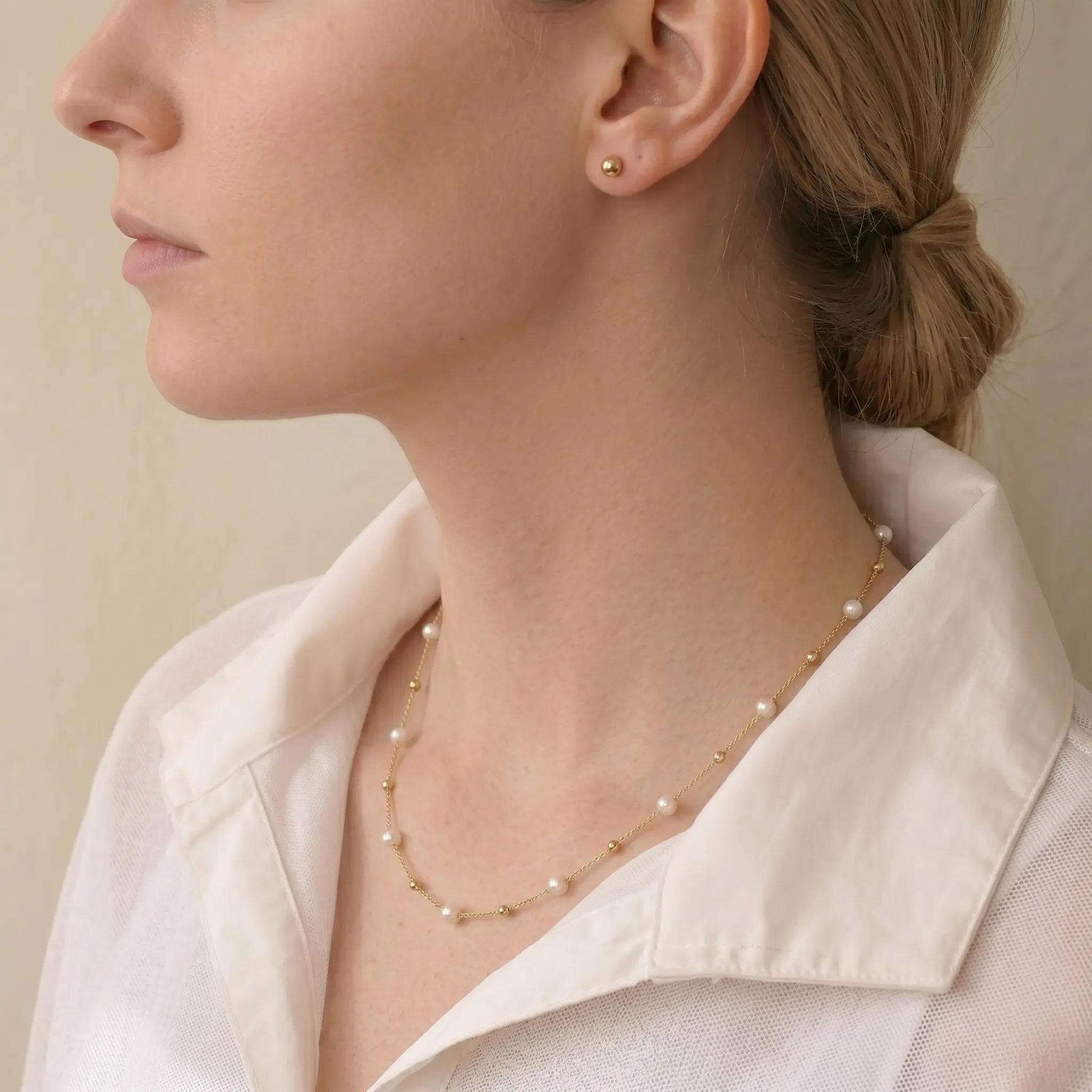 18K Solid Gold Freshwater Seed Mini Pearl Station Necklace, 3-3.5mm Genuine Pearl Choker for Women