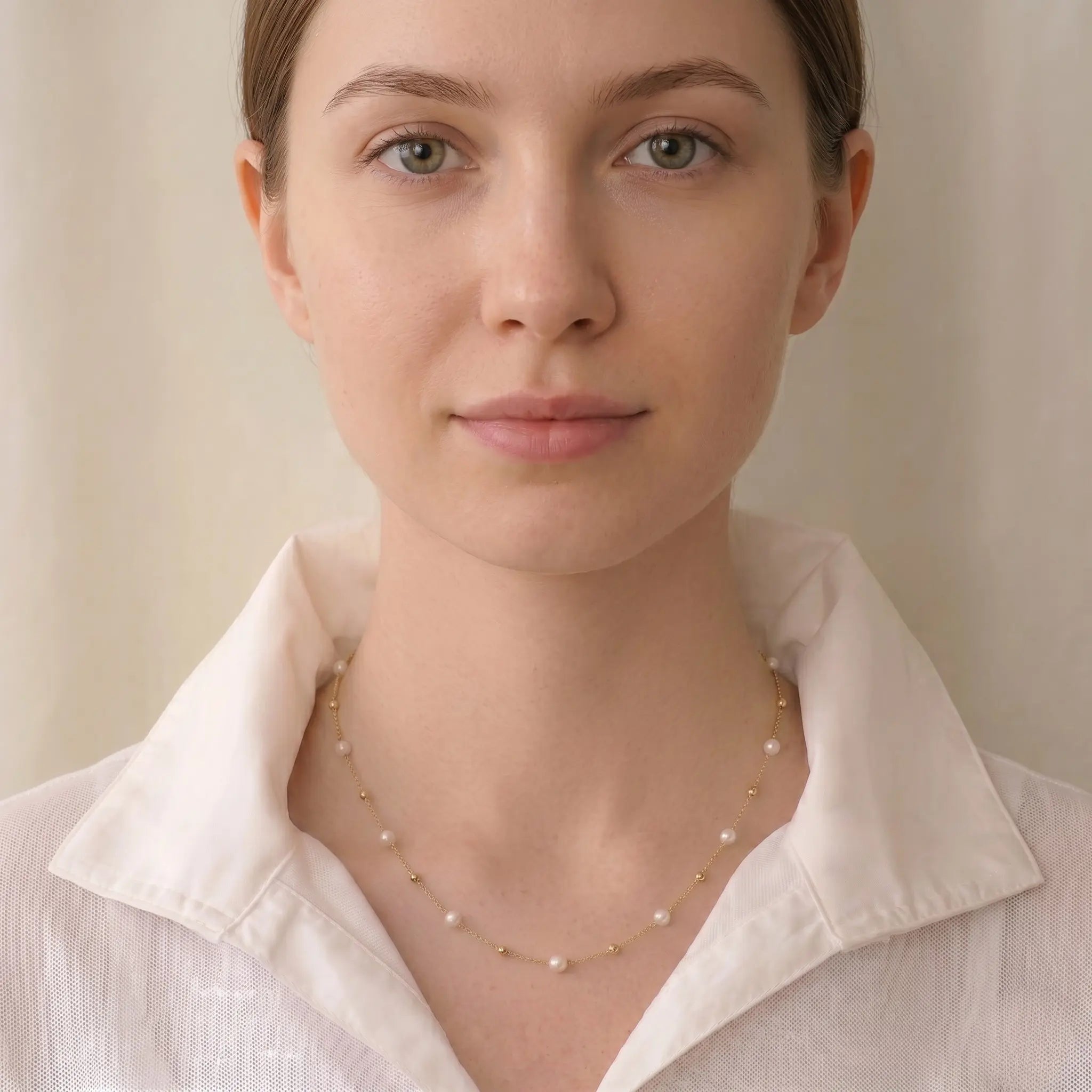 18K Solid Gold Freshwater Seed Mini Pearl Station Necklace, 3-3.5mm Genuine Pearl Choker for Women