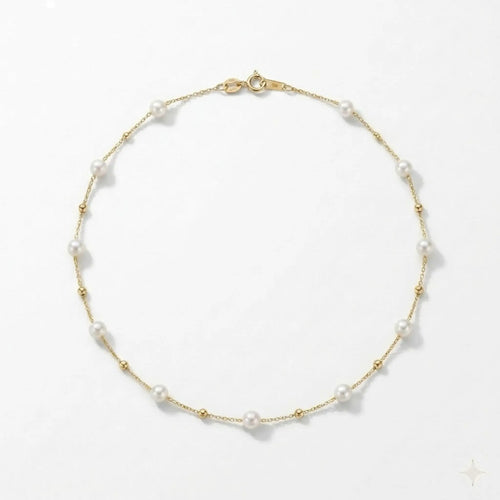18K Solid Gold 3-3.5mm Freshwater Pearl Station Choker Necklace Bridal Wedding Jewelry for Women