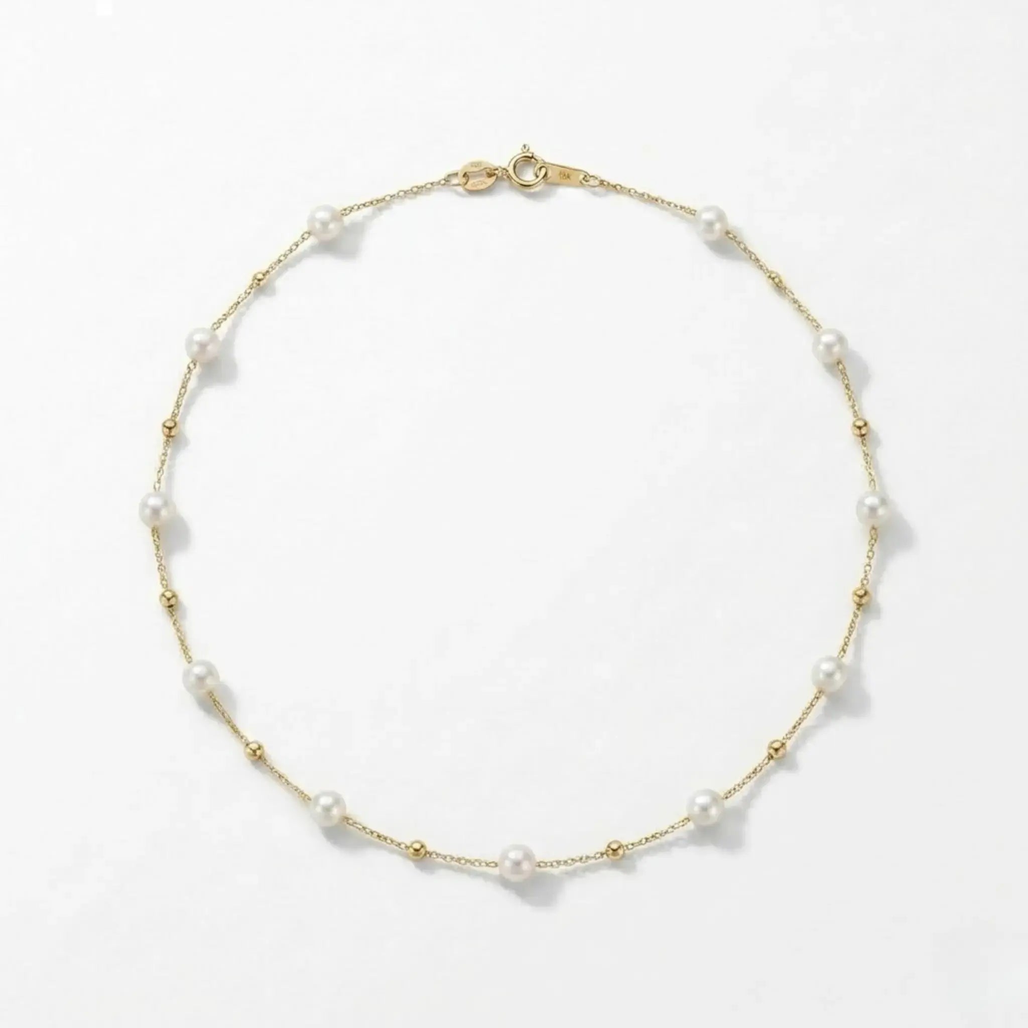 18K Solid Gold 3-3.5mm Freshwater Seed Pearl Station Choker Necklace for Women