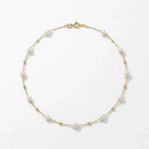 18K Solid Gold 3-3.5mm Freshwater Seed Pearl Station Choker Necklace for Women