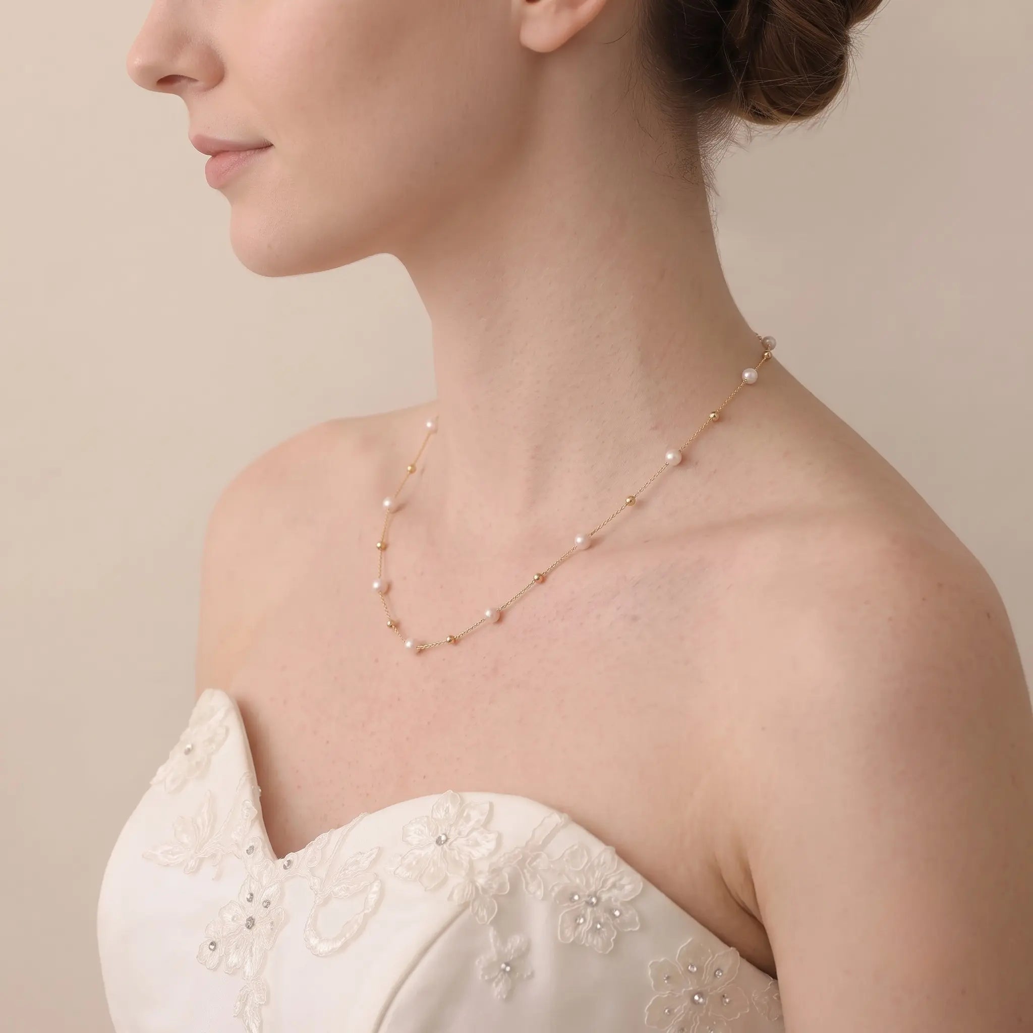 18K Solid Gold 5-5.5mm Freshwater Pearl Station Choker Necklace Bridal Wedding Jewelry for Women