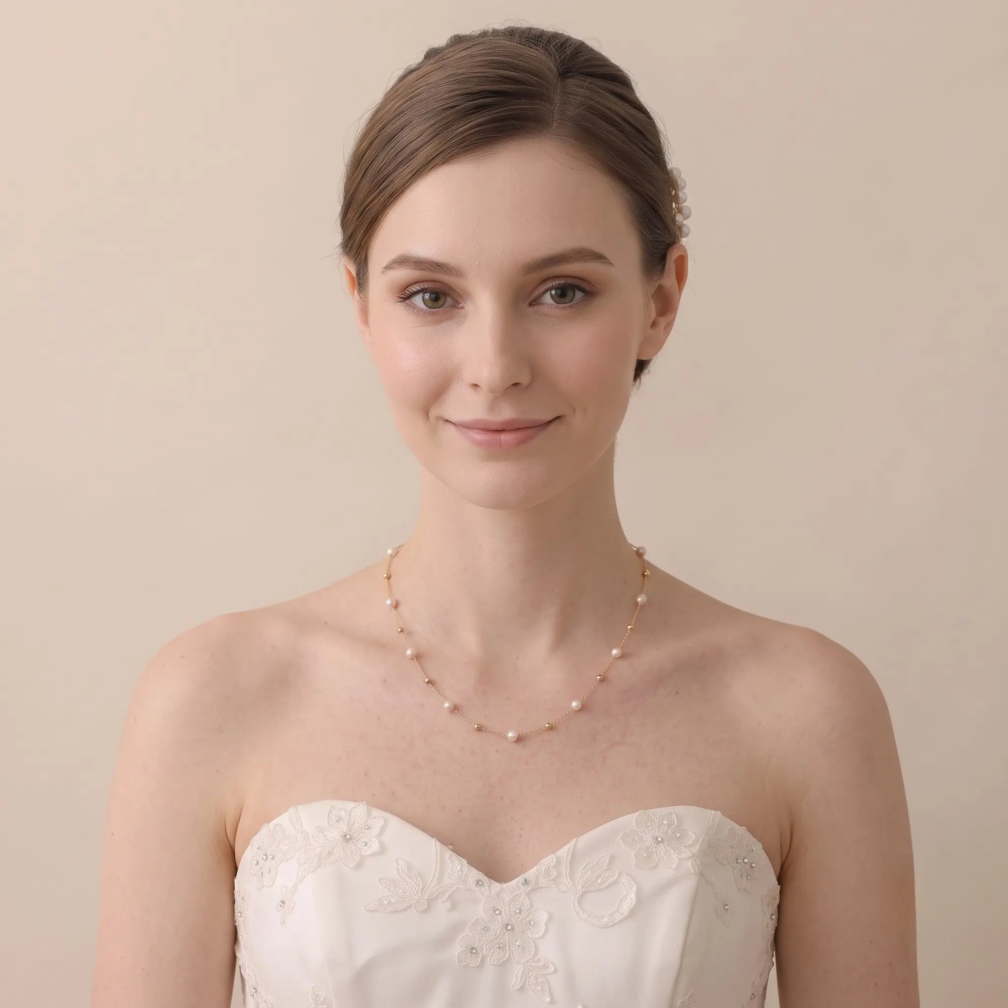 18K Solid Gold 5-5.5mm Freshwater Pearl Station Choker Necklace Bridal Wedding Jewelry for Women