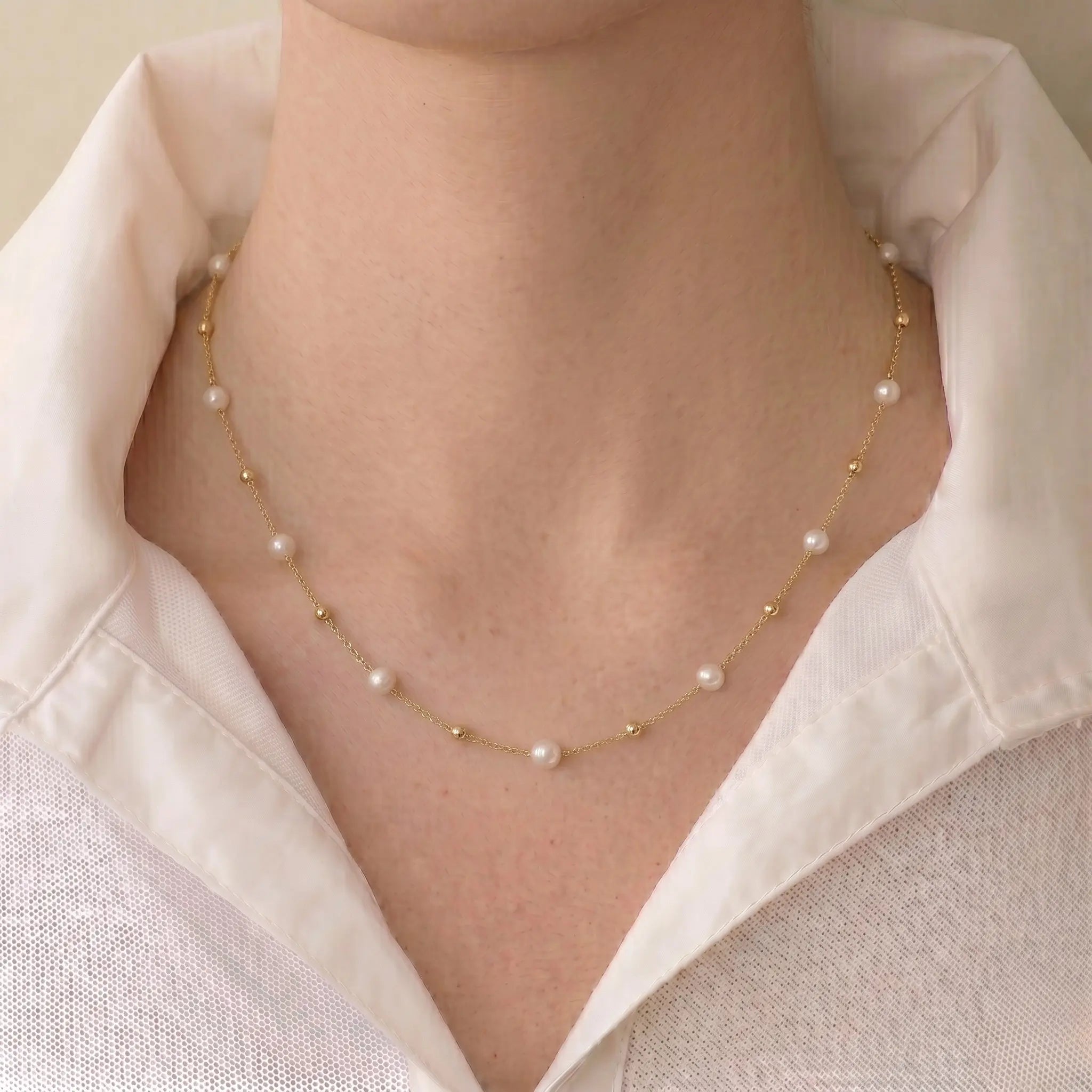 18K Solid Gold Freshwater Seed Mini Pearl Station Necklace, 3-3.5mm Genuine Pearl Choker for Women