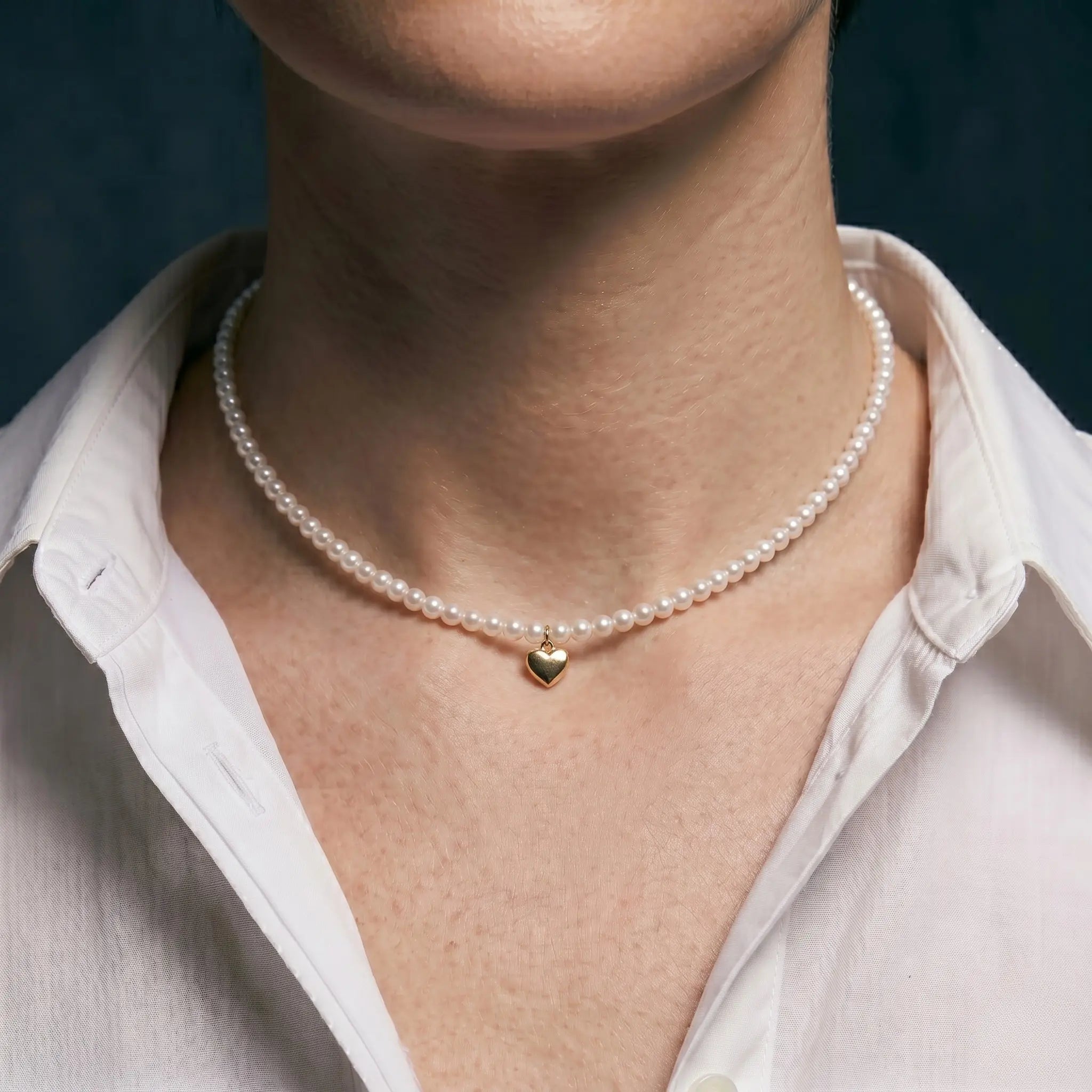 Genuine 5-5.5mm Pearl Choker with 18K Solid Gold Heart Pendant