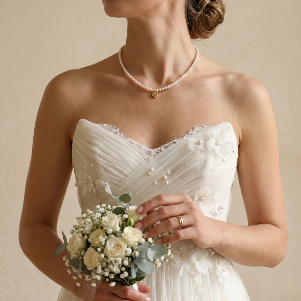 Genuine 5-5.5mm Pearl Choker with 18K Solid Gold Heart Pendant