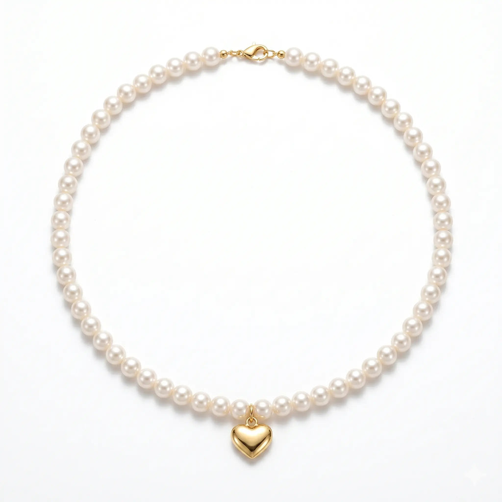 Genuine 5-5.5mm Pearl Choker with 18K Solid Gold Heart Pendant