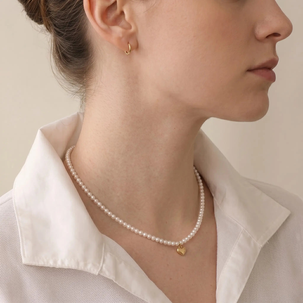 Genuine 5-5.5mm Pearl Choker with 18K Solid Gold Heart Pendant