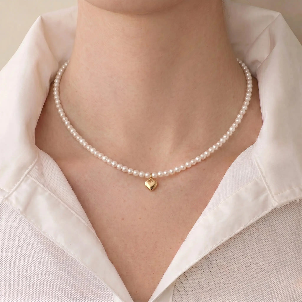 Genuine 5-5.5mm Pearl Choker with 18K Solid Gold Heart Pendant