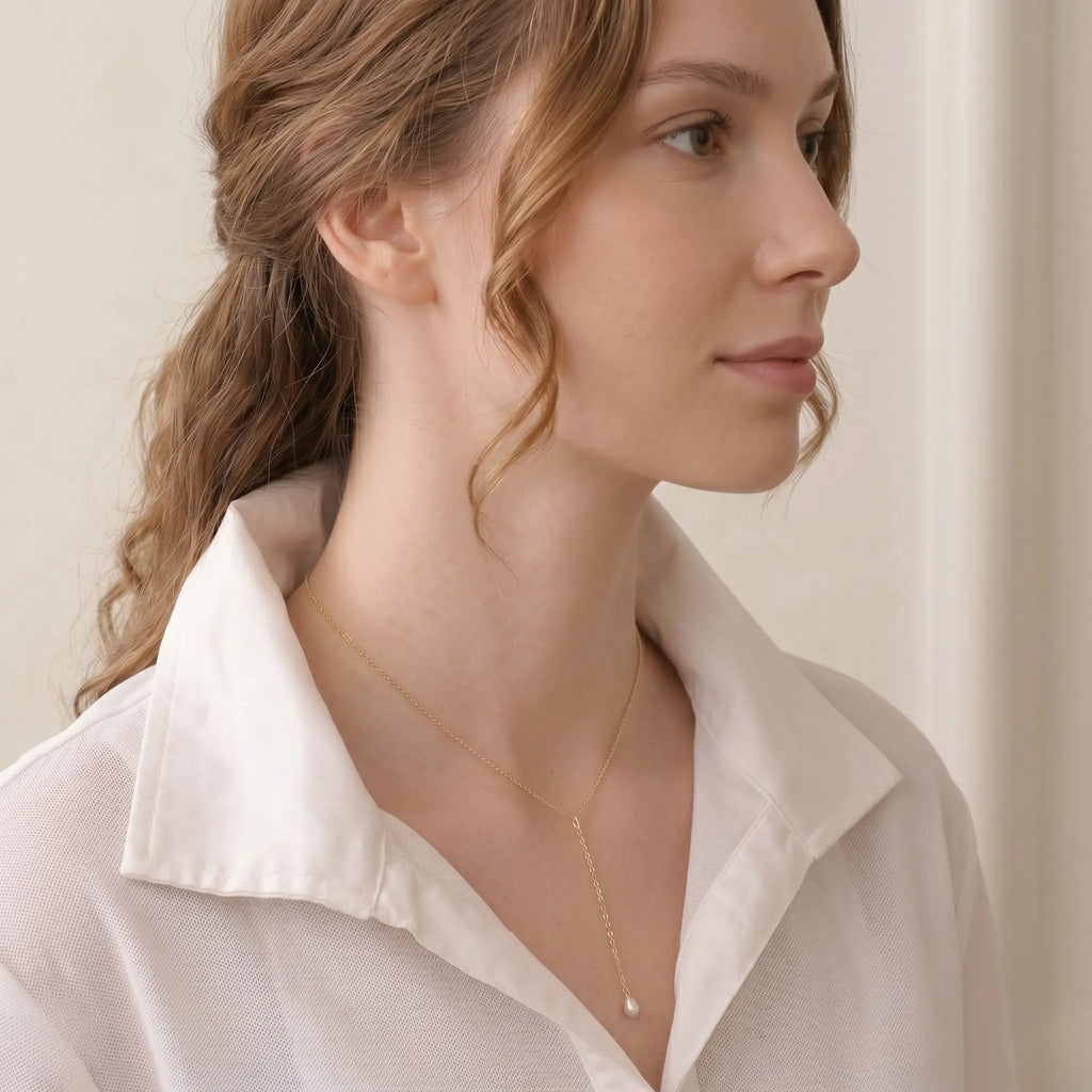 18K Solid Gold Tiny Rice Pearl Lariat Necklace