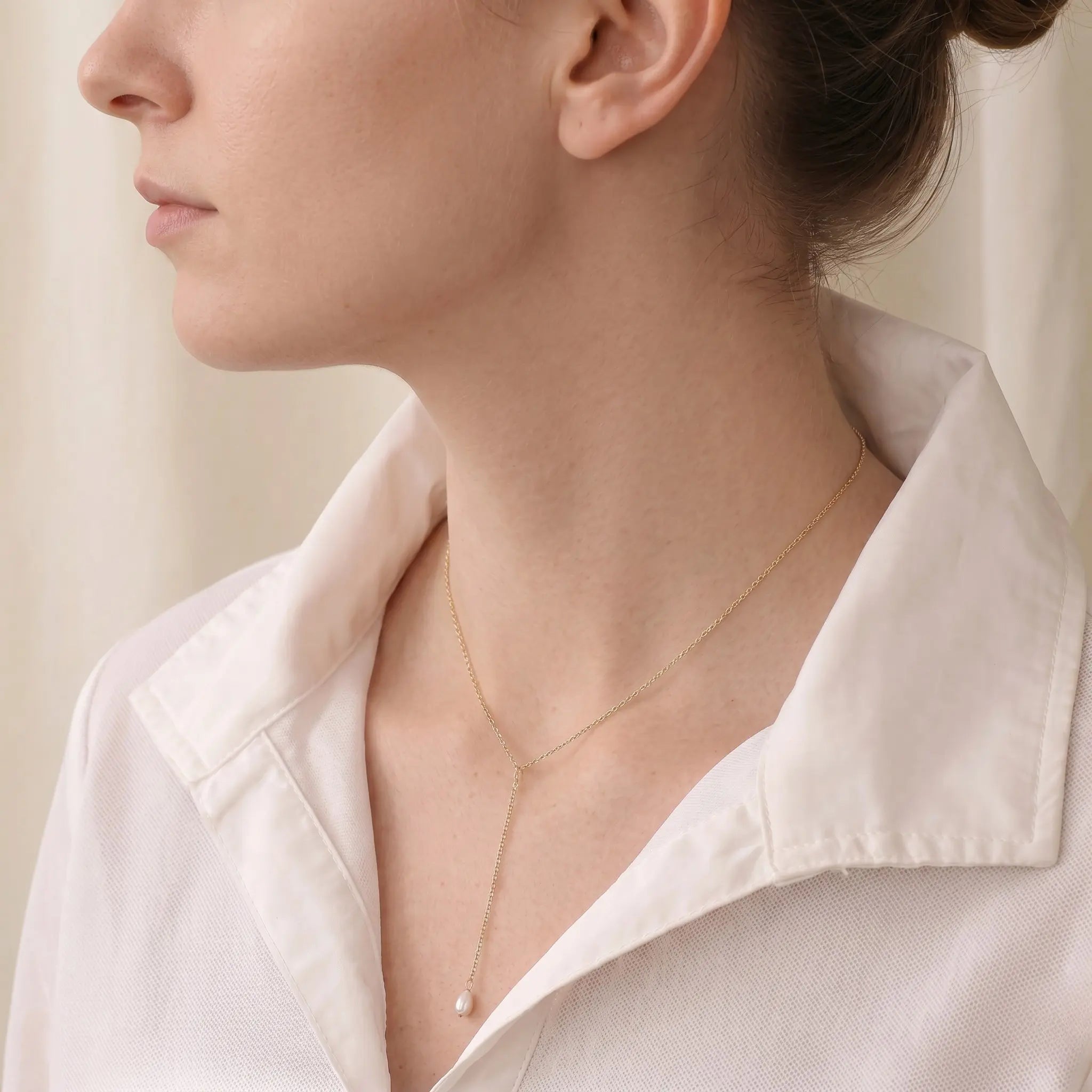 18K Solid Gold Tiny Rice Pearl Lariat Necklace