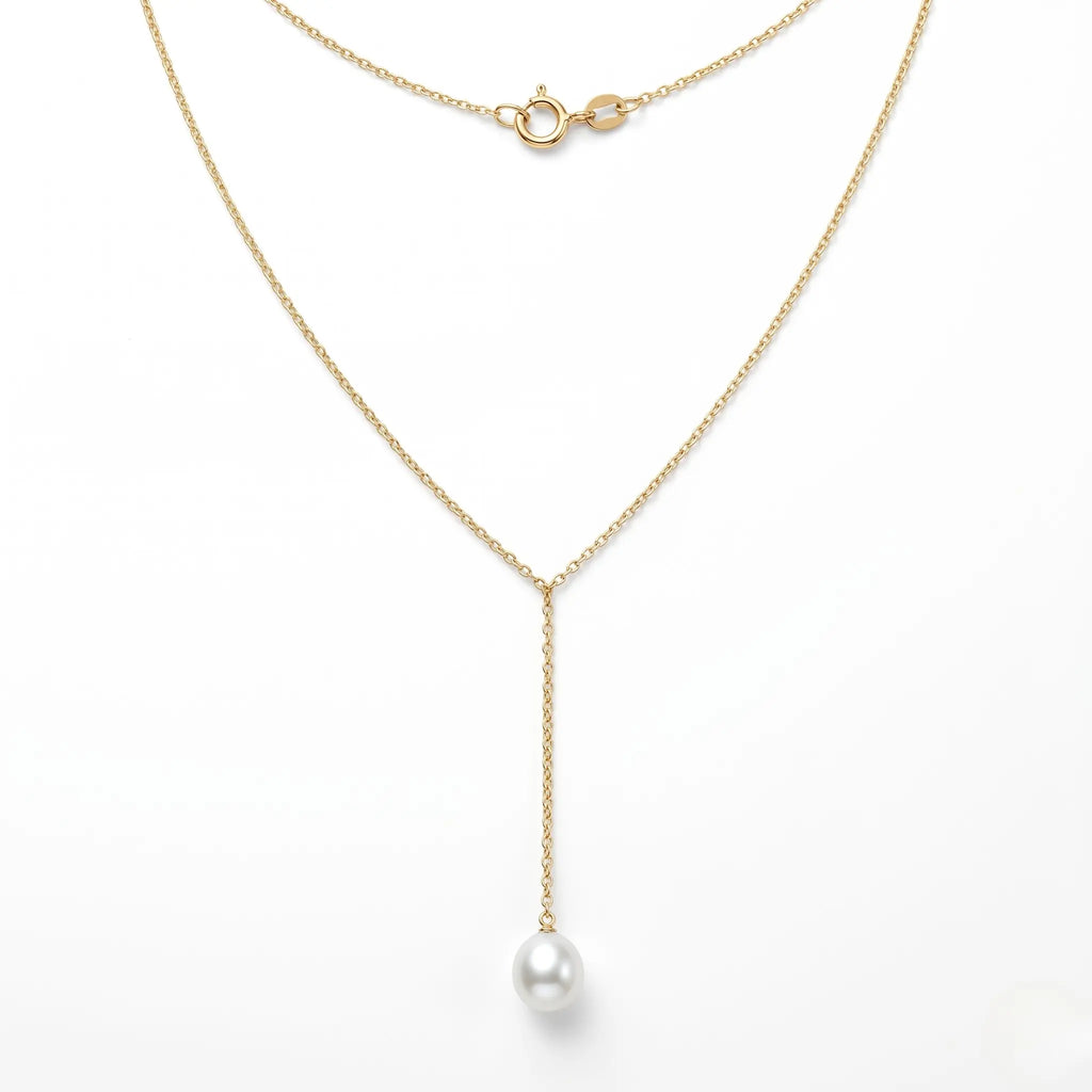 18K Solid Gold Tiny Rice Pearl Lariat Necklace
