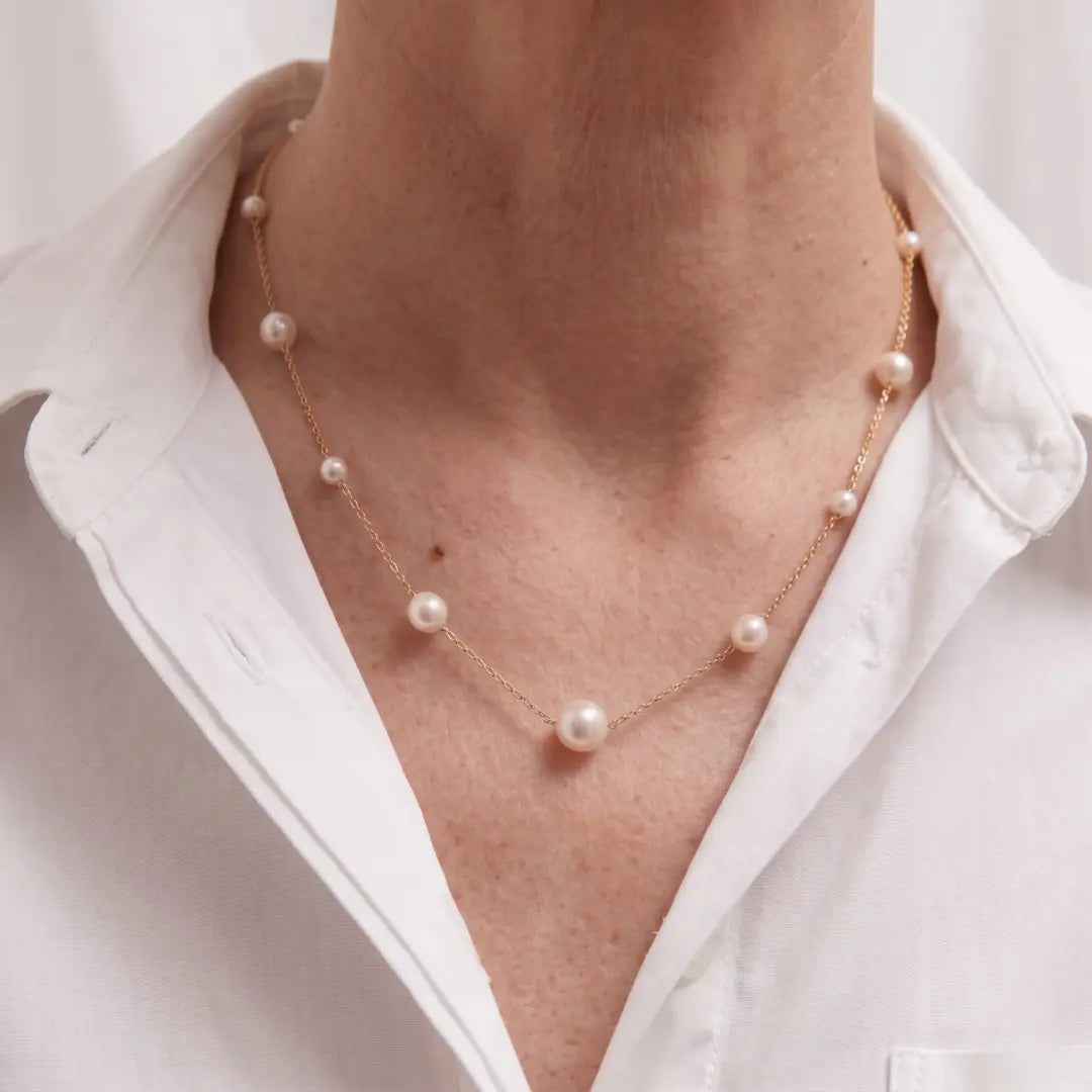 Solid 18K Gold Untreated Freshwater Pearl Station Necklace, 5-7.5mm Dainty Jewelry