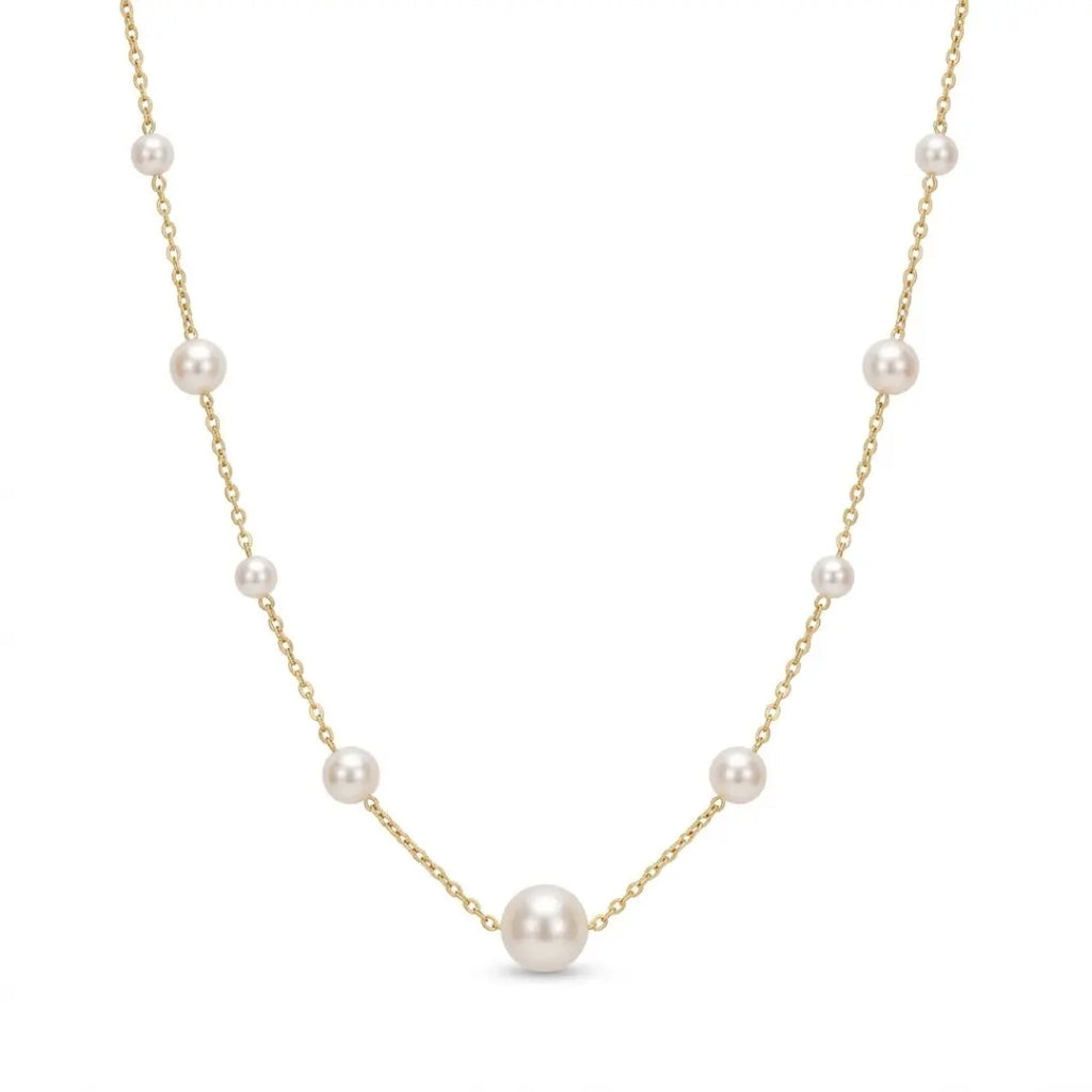 Solid 18K Gold Untreated Freshwater Pearl Station Necklace, 5-7.5mm Dainty Jewelry