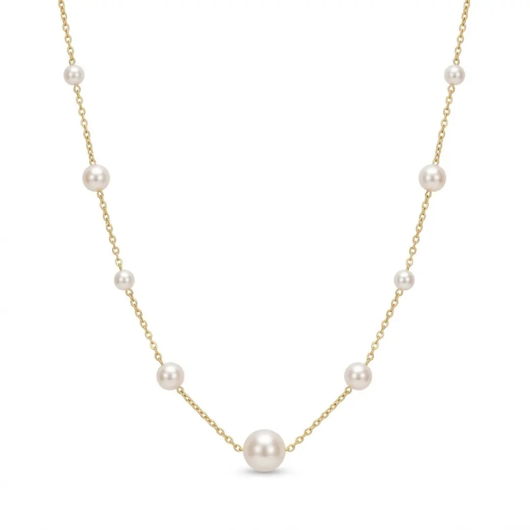 Solid 18K Gold Untreated Freshwater Pearl Station Necklace, 5-7.5mm Dainty Jewelry