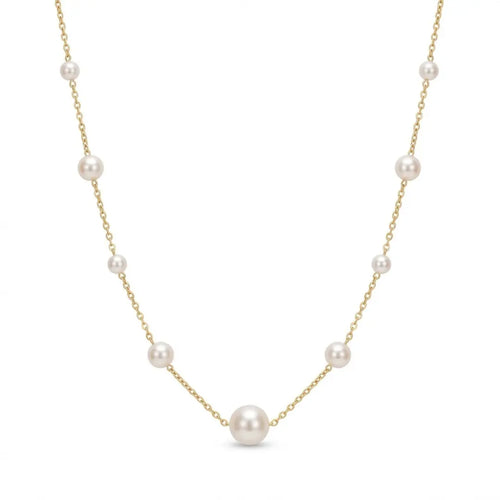 18K solid yellow gold station necklace featuring a graduated sequence of genuine freshwater pearls from 5mm to 7.5mm