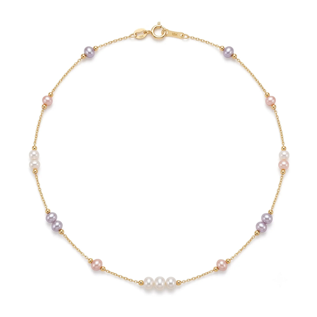 Solid 18K Gold Multicolor Freshwater Pearl Station Necklace for Women