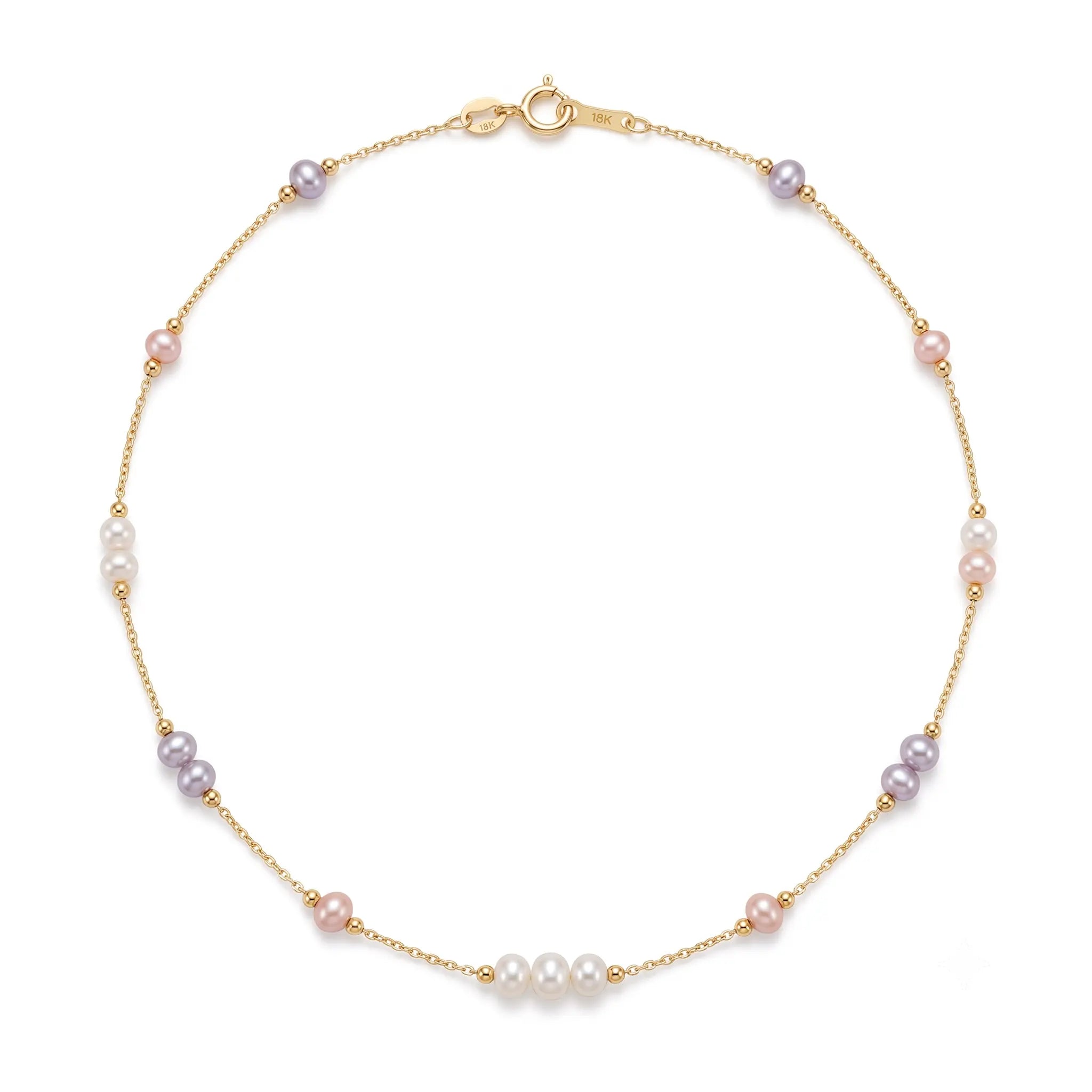 Solid 18K Gold Multicolor Freshwater Pearl Station Necklace for Women