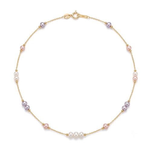 18K solid gold multicolor freshwater pearl station necklace featuring 3–3.5mm baby pearls in pink, lavender, and white hues.