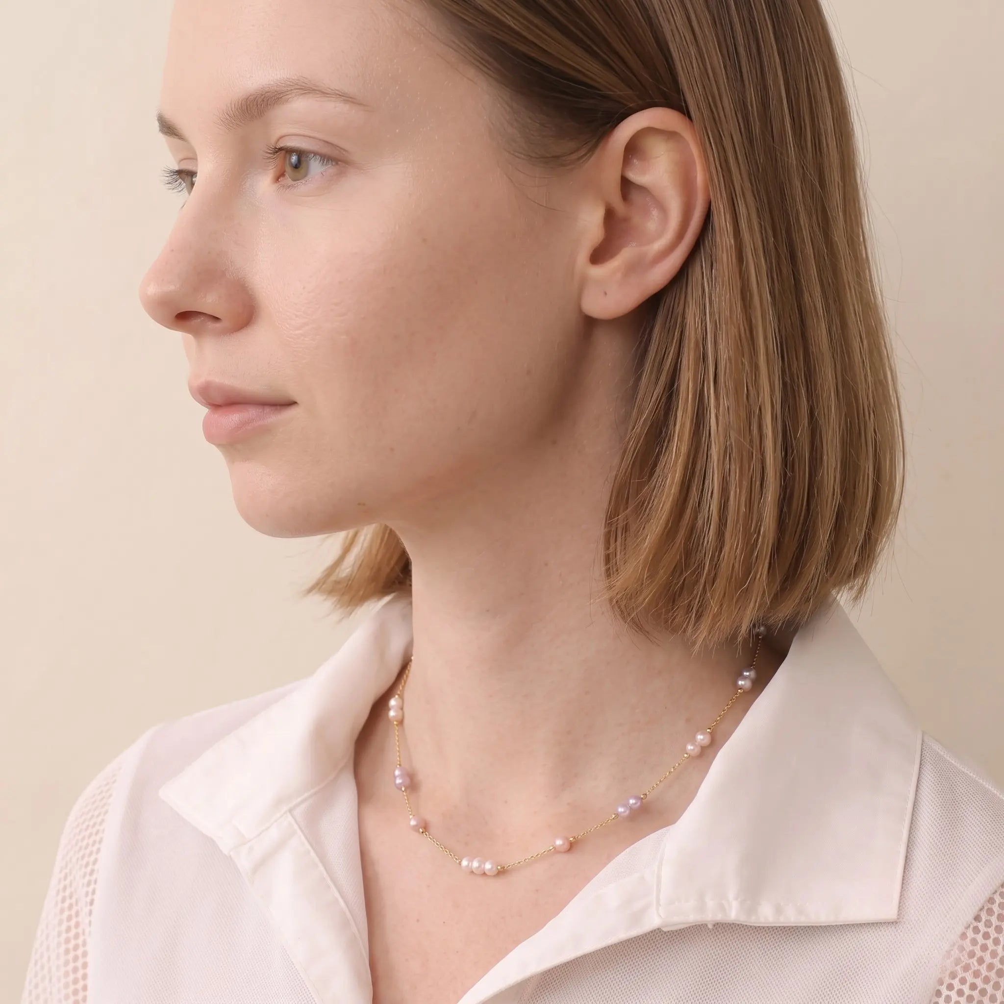 Solid 18K Gold Multicolor Freshwater Pearl Station Necklace for Women