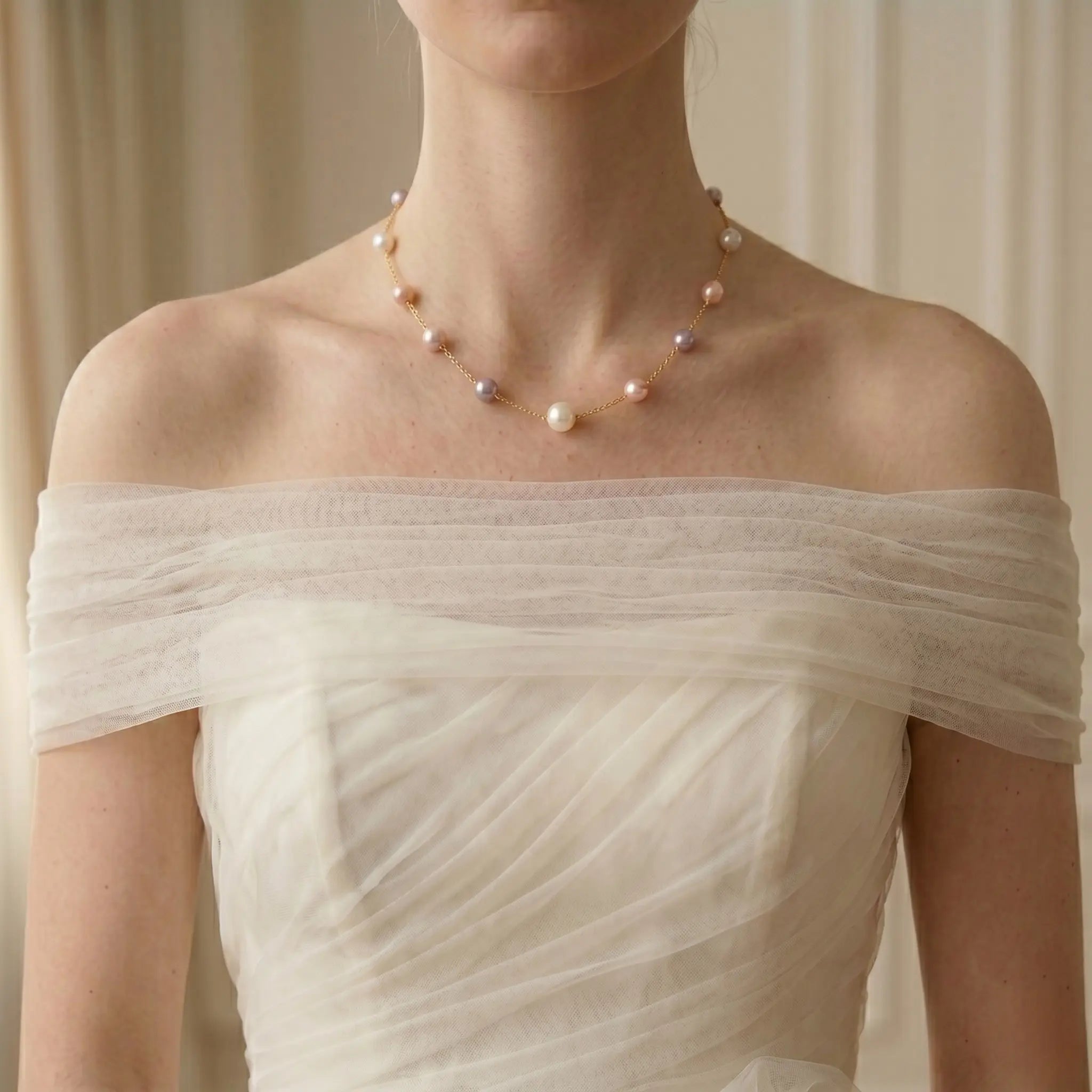 18K Gold Multi-Color Pearl Station Choker – Romantic White, Pink & Lavender Bridal Necklace for Brides and Bridesmaids (7-7.5mm)