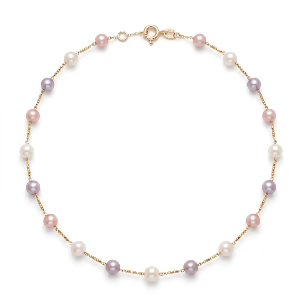 18K Solid Gold 7-7.5mm Multi-Color Pearl Station Choker Necklace for Women